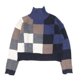 CURRENT/ELLIOTT Alpaca Wool Boxy Mock Neck Crop Sweater Checkered Navy Knit XS
